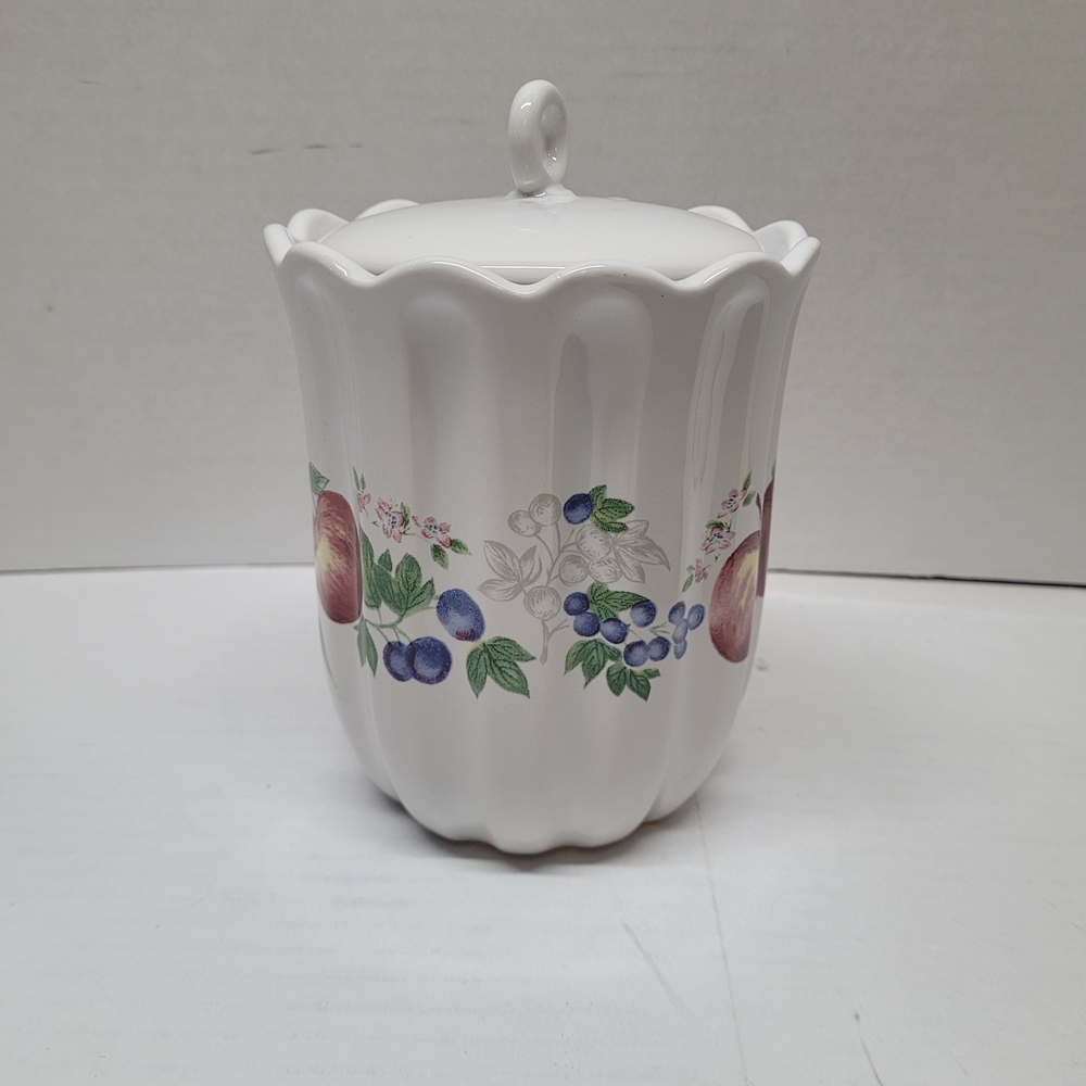 Corelle White Canister with Blue & Green Fruit Pattern